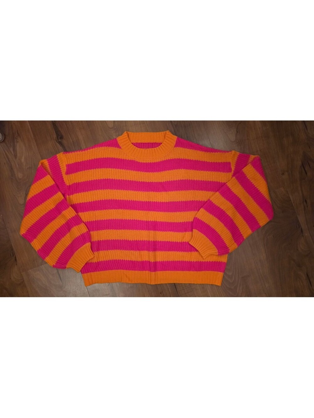 SHEIN Vibrant Pink and Orange Striped Crewneck Knit Sweater - Size M, 257